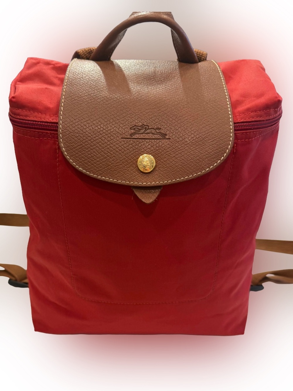 Longchamp Le Pliage Nylon Leather Backpack Red Excellent Condition!